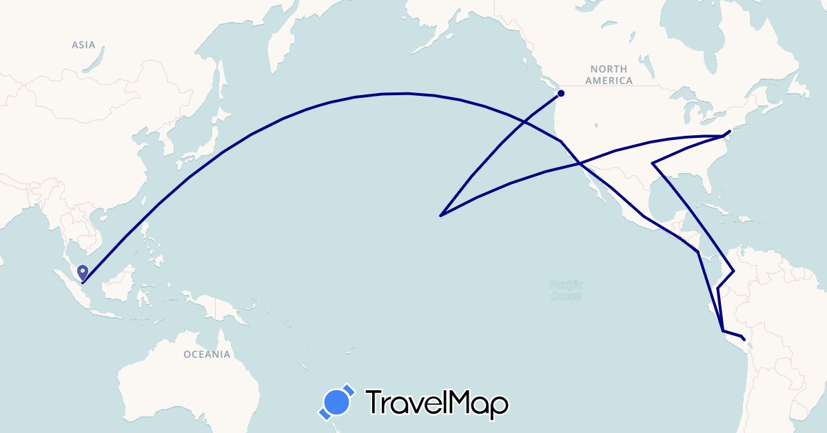 TravelMap itinerary: driving in Colombia, Costa Rica, Ecuador, Mexico, Peru, Singapore, El Salvador, United States (Asia, North America, South America)